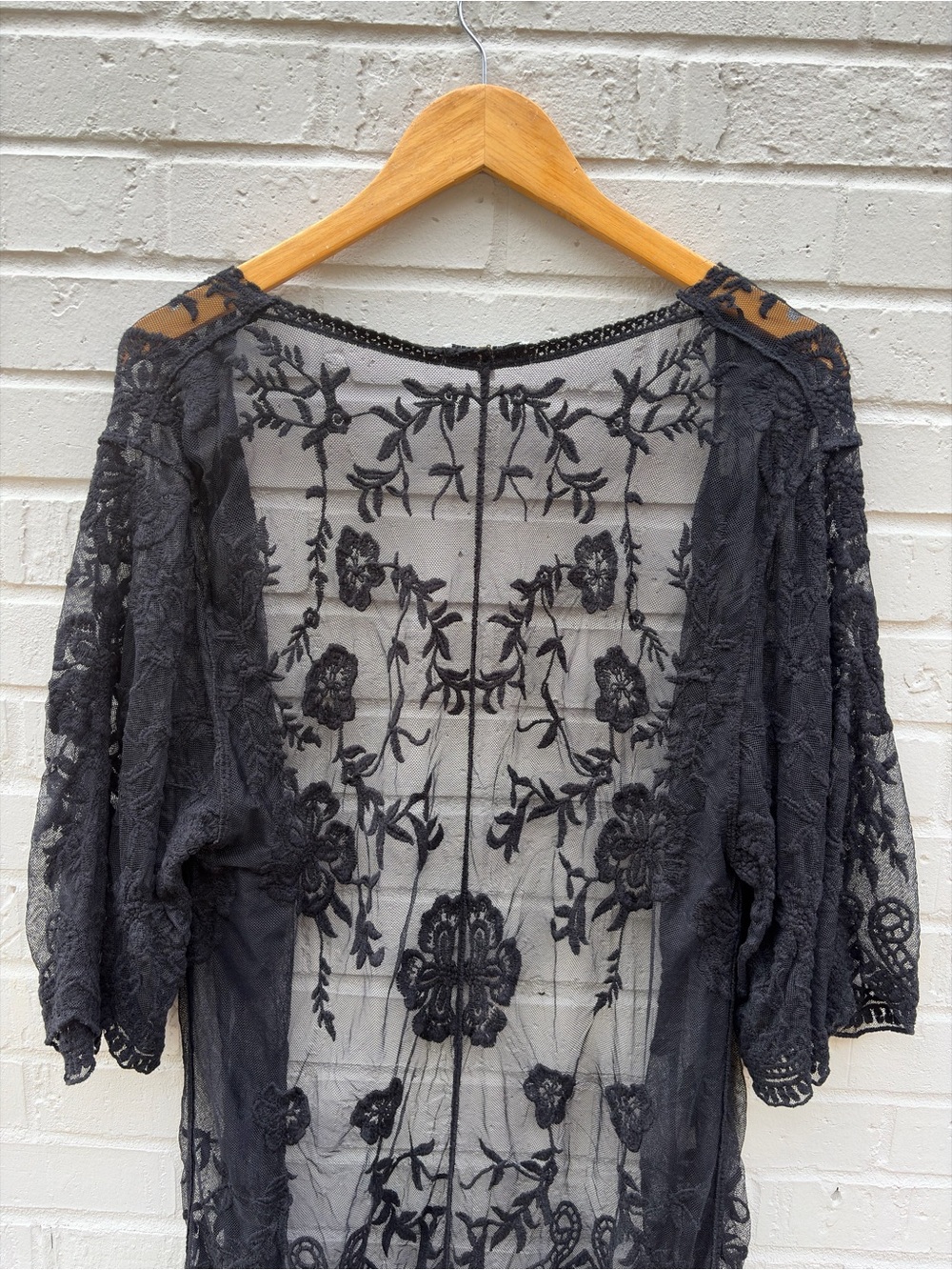 Black Sheer Boho Embroidered Woven Heart Kimono Cardigan - Picture 8 of 9